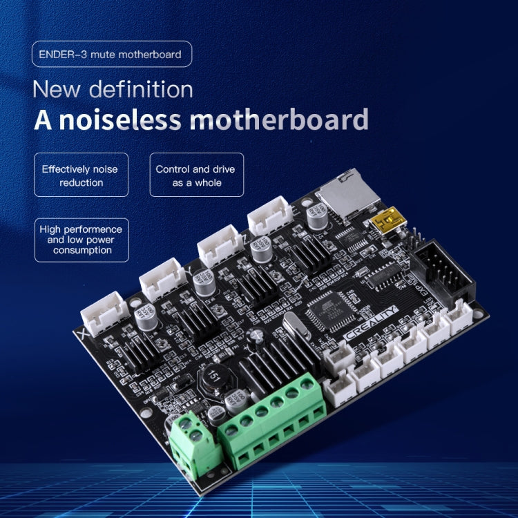 3D printer motherboard on a promotional layout, black PCB with green terminal block