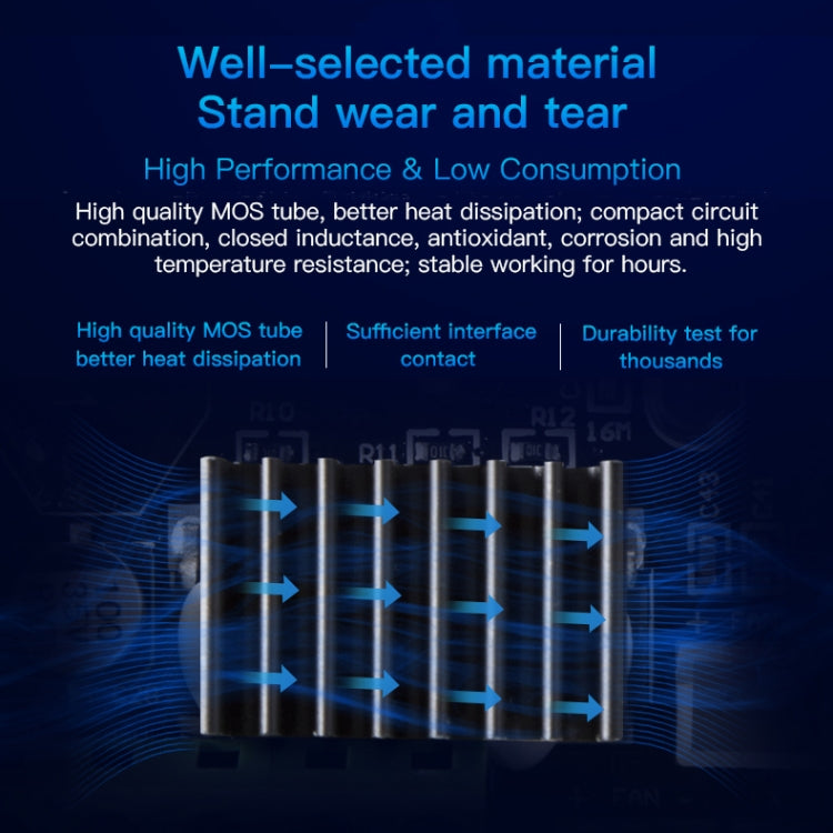 Promotional graphic for 3D printer motherboard, showing heat-dissipation and durability circuit icons