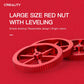 Close-up of a red metal four-spoke hand-screw leveling nut with knurled outer ring