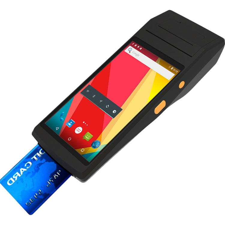 Black handheld intelligent terminal with touchscreen displaying colorful app icons
