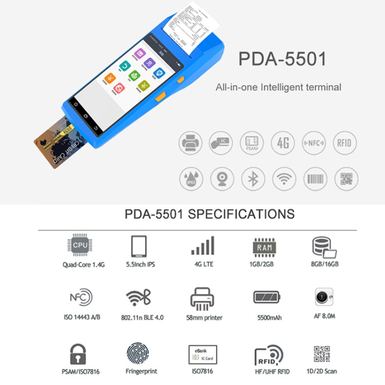 Blue handheld intelligent terminal with touchscreen and icon tile interface