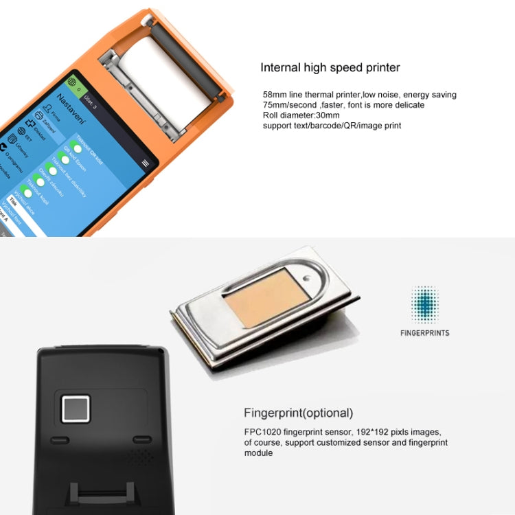 Handheld intelligent terminal with open case showing internal high-speed printer mechanism