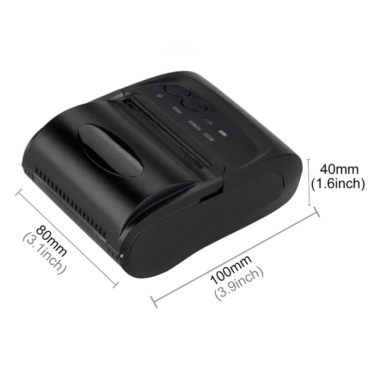 Black thermal receipt printer with top opening and size dimensions labeled 100mm x 80mm x 40mm