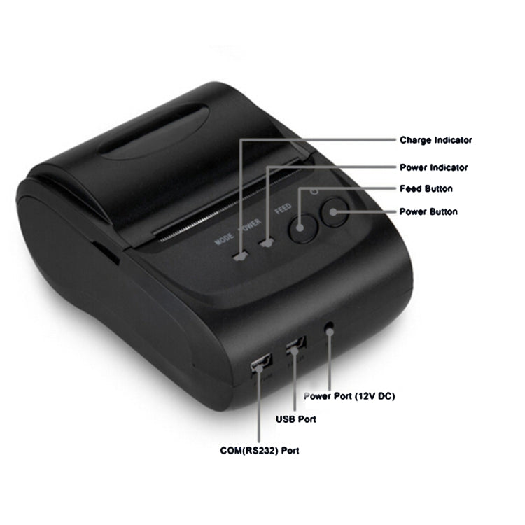 Black thermal Bluetooth receipt printer with labeled charge, power, and feed buttons and ports