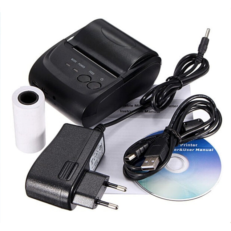 Black Bluetooth receipt printer kit with power adapter, USB cable, and paper roll