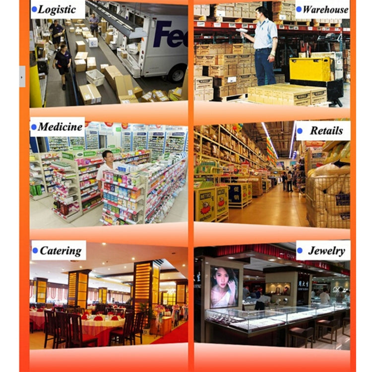 Receipt printer use-case collage with logistics, warehouse, retail, and catering scenes