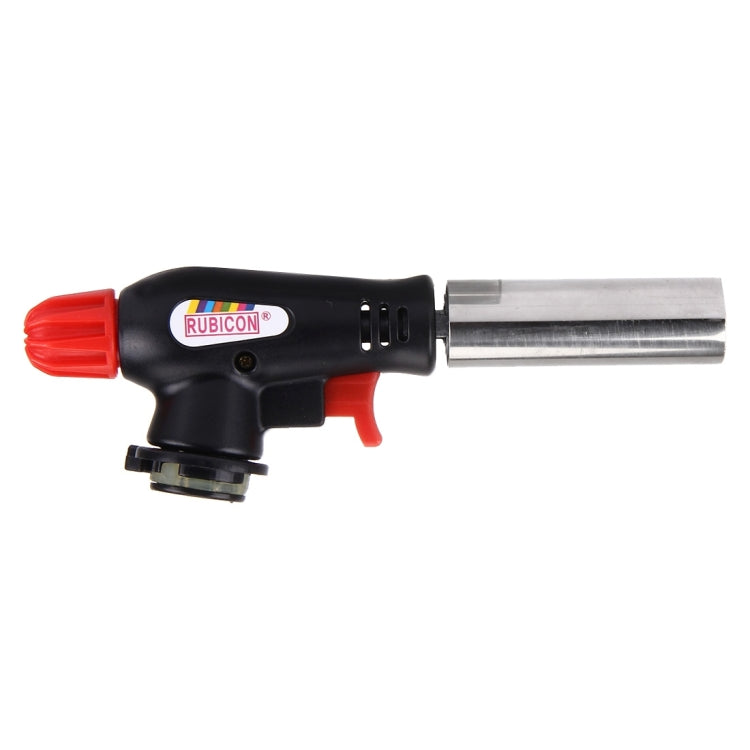 Gas blow torch with black handle, red accents, and silver burner tube