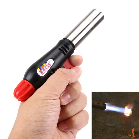 Handheld gas blow torch with black body and red nozzle, held in a hand