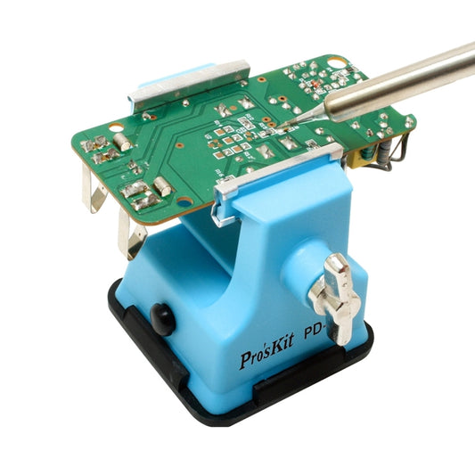 Mini table vice with blue base, steel jaws, and Pro'sKit PD-372 clamp screw