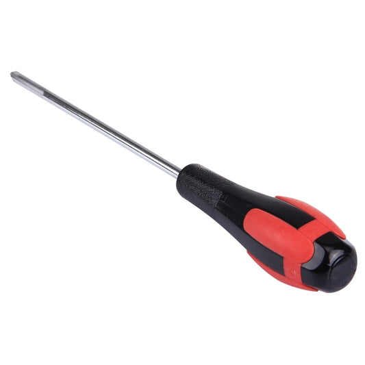Cross screwdriver with red insert on black handle and long metal shaft