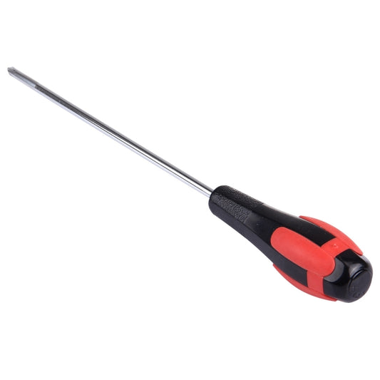 Phillips cross screwdriver handle close-up with red accents and black grip, steel bit