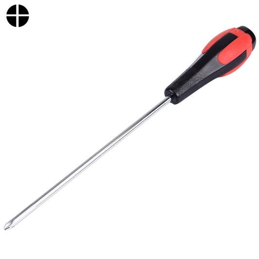 Phillips cross screwdriver with red-and-black ergonomic handle and steel shaft