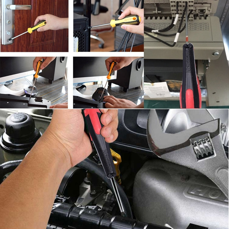 Cross screwdriver in use on door hardware and device components, shown in multiple steps