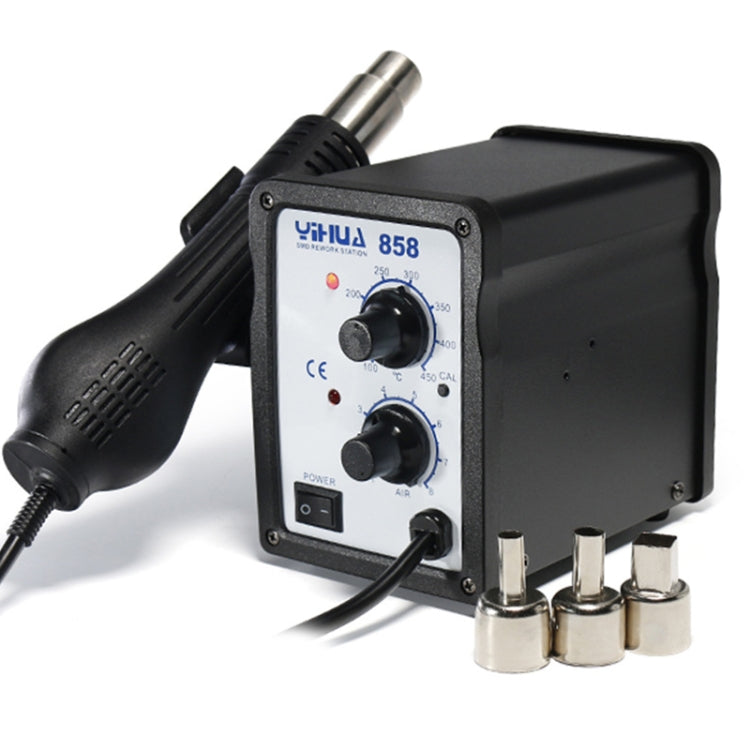 Black YIHUA 858 hot air gun with nozzle, power switch, and small metal tips