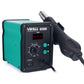 Hot air rework station with black handle, teal housing, and LED temperature readout