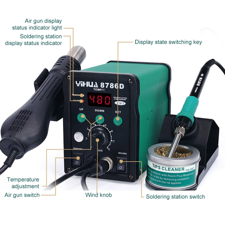 Hot air gun and soldering station front panel with LED display, knobs, and switches