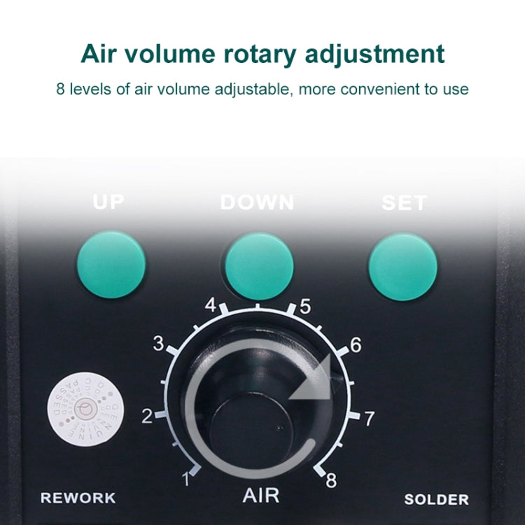 Air volume rotary adjustment dial with numbered settings for air and solder modes
