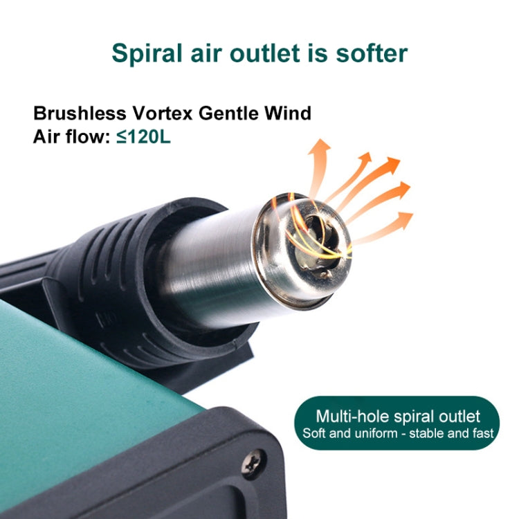 Hot air outlet with spiral nozzle design on black handle and green base unit