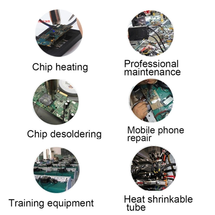 Hot air rework tool shown with circular icons for chip heating, phone repair, and more