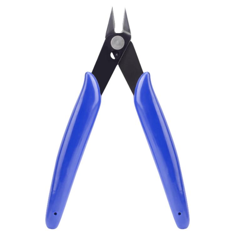 Diagonal side cutting pliers with blue handles and black pointed jaws