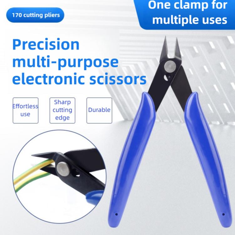 Electronic precision multi-purpose scissors with blue handles and black cutting tips