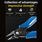 Blue-handled cutting pliers with sharp angled jaws and metal pivot