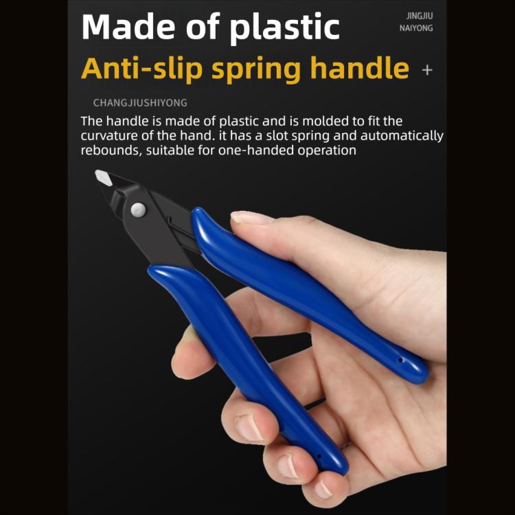Blue anti-slip spring handle pliers with black jaws, held in a hand