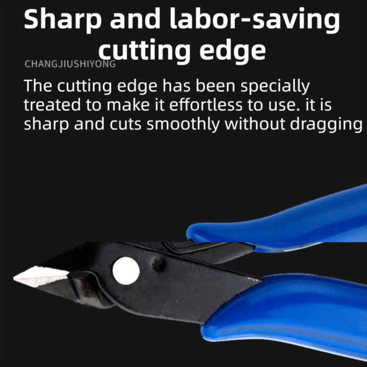 Close-up of blue-handled cutting pliers with sharp black cutting edge