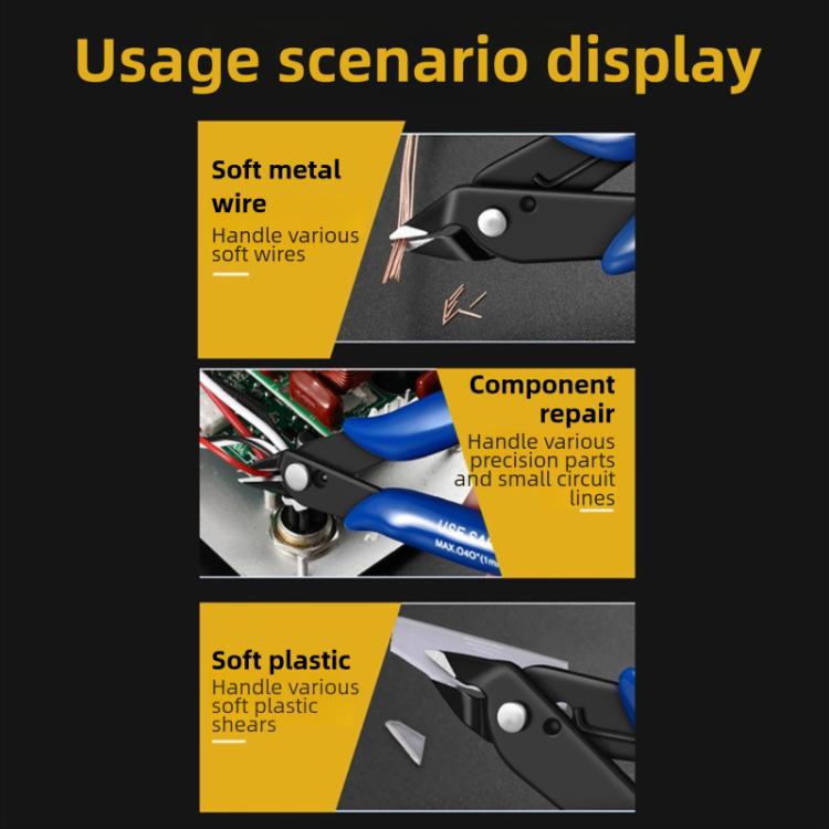 Diagonal cutting pliers with blue handles and black jaws for wires and components