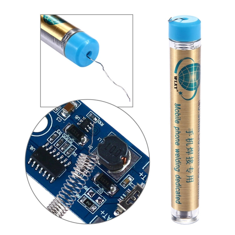 0.3mm solder wire with flux core, blue plastic cap, thin wire strand shown