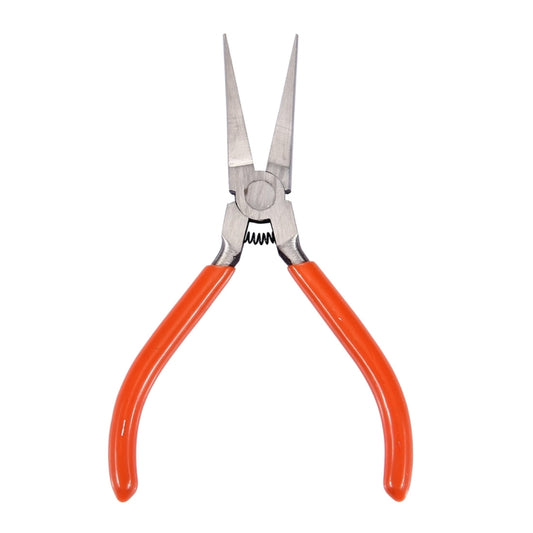 Orange-handled flat-nose pliers with tapered pointed jaws and hinged pivot