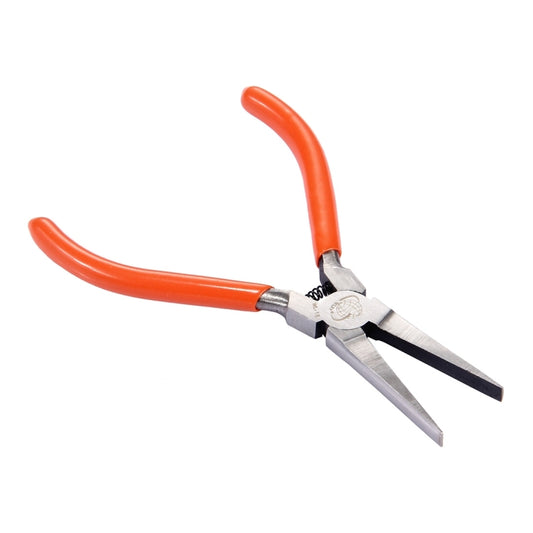 Orange-and-silver flat-nose pliers with pointed jaws and black wire-cutter grooves