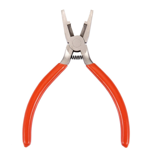 Orange-handled crimping pliers with open jaws and central spring