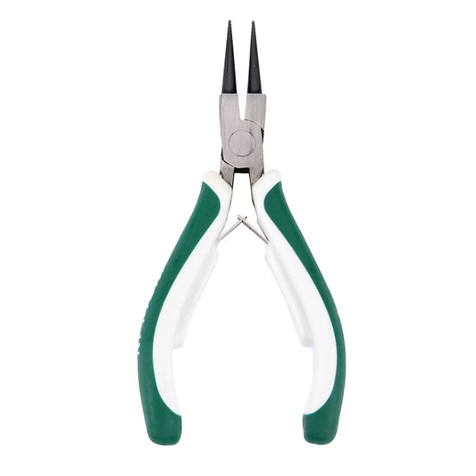 Inner circlip pliers with narrow straight jaws and green-and-white insulated handles