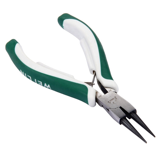 Inner circlip pliers with long straight jaws, green-and-white insulated handles