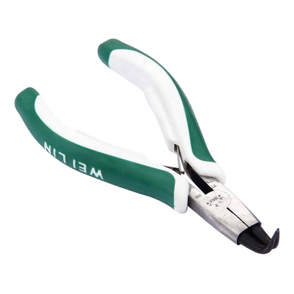 Outer curved circlip pliers with green-and-white grips and black jaw tips