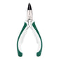 Circlip pliers with pointed jaws and green-and-white insulated handle grips