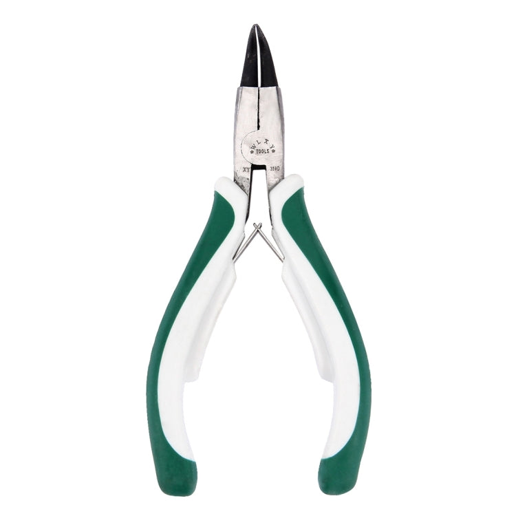 Circlip pliers with pointed jaws and green-and-white insulated handle grips