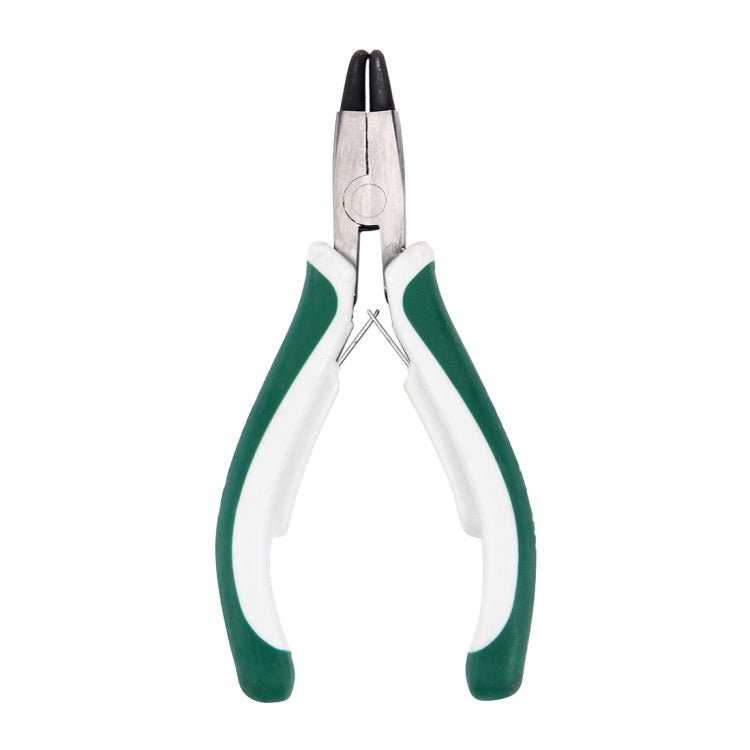 Circlip pliers with pointed jaws and green-and-white insulated handle grips
