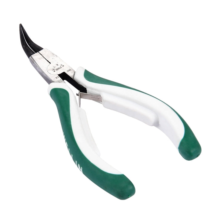 Outer curved circlip pliers with open jaws; green grips and metal head