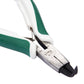 Close-up of outer curved circlip pliers jaws with green grips and black rubber stop