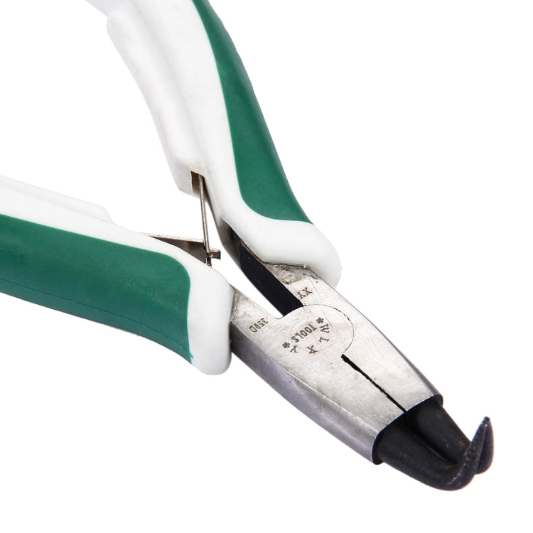 Close-up of outer curved circlip pliers jaws with green grips and black rubber stop