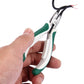 Outer curved circlip pliers held in hand with green-and-white insulated grips