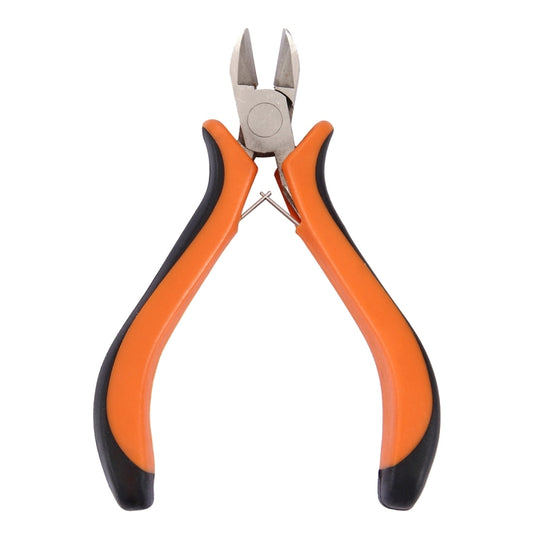 Orange and black diagonal cutter pliers with spring hinge and angled jaws