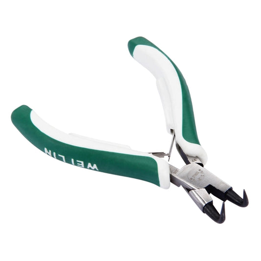 Circlip pliers with inner-curved jaws, green and white insulated handles