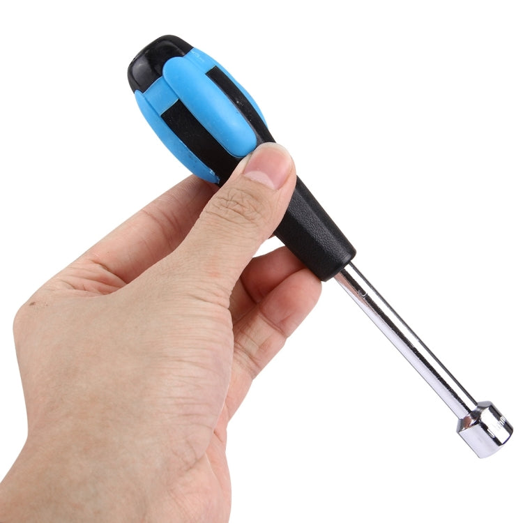 Socket head screwdriver held in hand, blue cap and black ergonomic grip