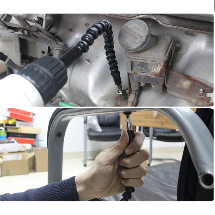 Flexible torsion shaft in a car engine bay and a hand holding the drill
