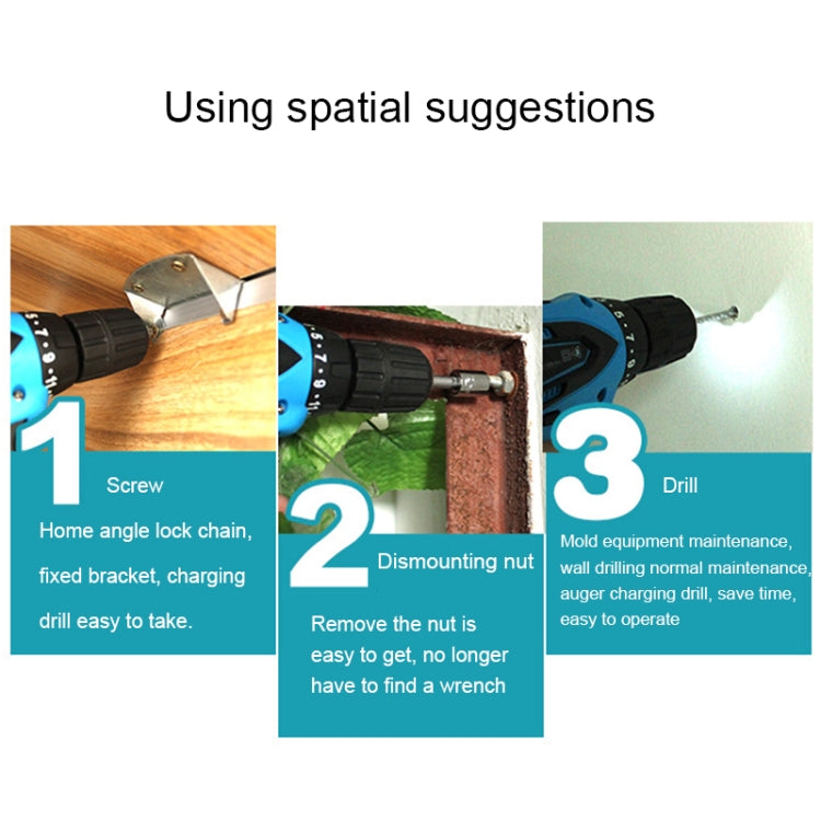 Cordless drill usage infographic with numbered steps and drill close-up