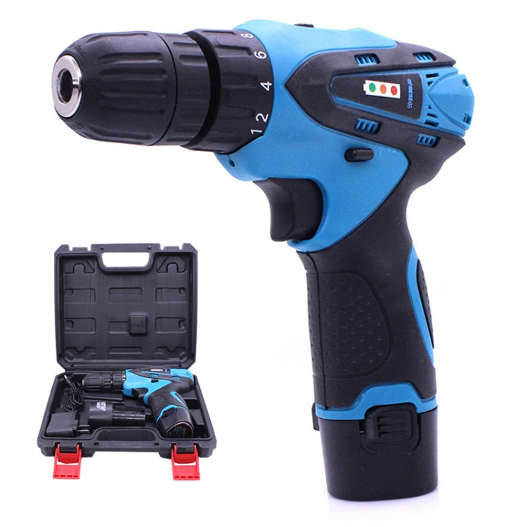 Blue cordless hand drill with black grip, LED light, and chuck speed markings