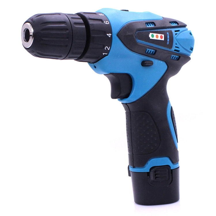 Blue rechargeable hand drill with black handle grip and LED control panel